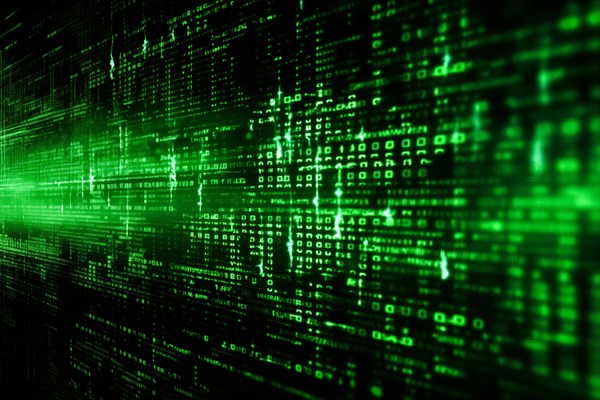 Green dynamic digital data streams, showcasing flowing lines of code in a mesmerizing pattern,