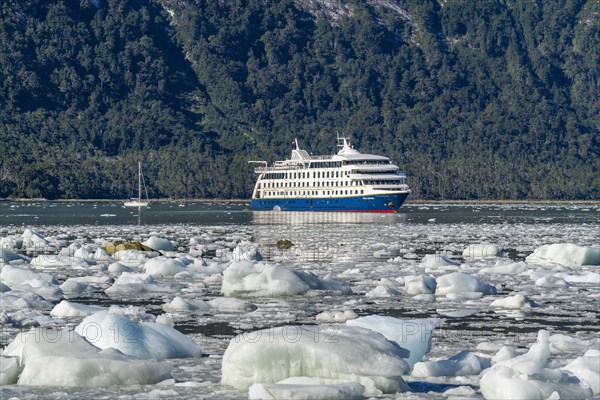 Cruise ship Stella Australis anchored between ice floes in Pia Bay in front of the Pia Glacier,