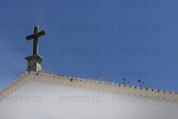 Flower-covered roof of a church, cross, religion, Christianity, lovely, idyllic, flowers,