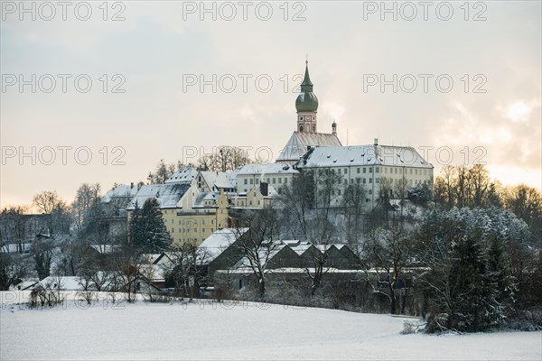 Andechs Monastery in winter, sunset, Fuenfseenland, Pfaffenwinkel, Upper Bavaria, Bavaria, Germany,