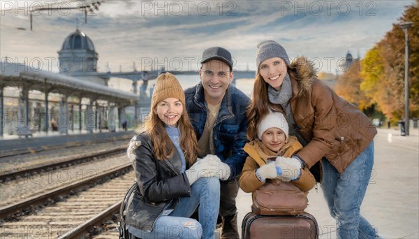 AI generated, A young family wants to travel and waits in the station for the train, 30, 35, years,