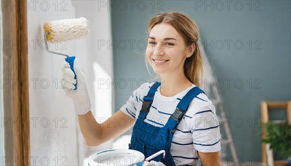 AI generated, woman, woman, a young girl paints a wall with new paint, white, whiter, white,