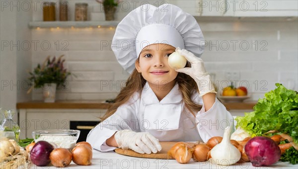 AI generated, human, humans, person, persons, child, children, 8 year old girl cutting onions in a