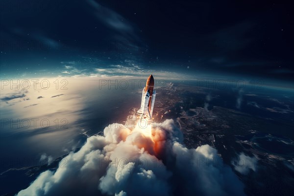 Aerial view of a rocket shuttle carrier launch at sunrise over an ocean coast. The rocket is