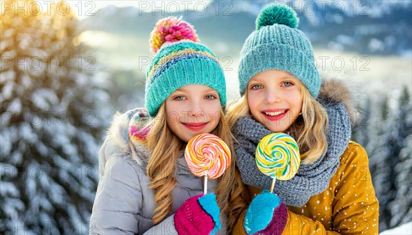 AI generated, Two little girls are happy about a lolly, lollipop, human, people, person, persons,
