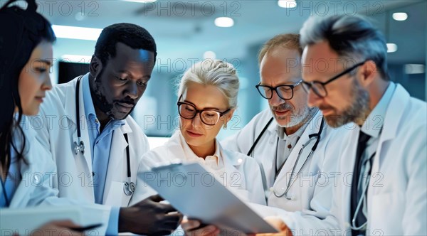 Diverse medical team cooperating on a task during a night shift, focused on documents, ai