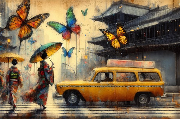 Female Pedestrians traditionally dressed with kimono with umbrellas and parasol, a yellow taxi