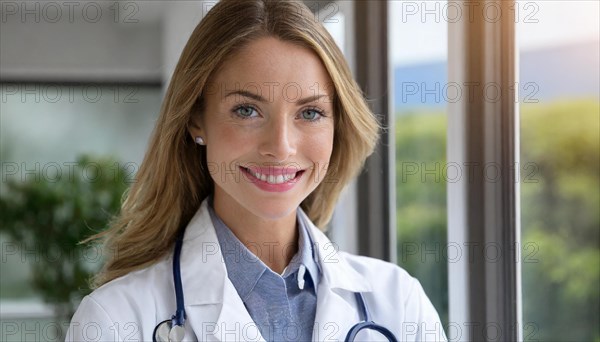 AI generated, A young pharmacist in her pharmacy, portrait, 30, 35, years, female, blonde, blond,