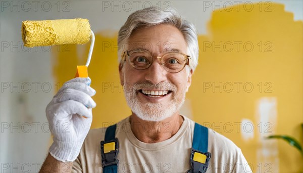 AI generated, man, men, a painter paints a wall with new yellow paint, father, renovation of old