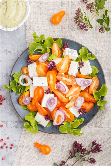 Vegetarian salad with fresh grape tomatoes, feta cheese, lettuce and onion on blue ceramic plate on