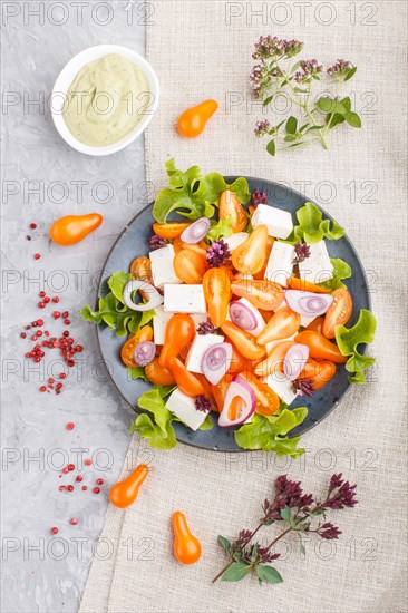 Vegetarian salad with fresh grape tomatoes, feta cheese, lettuce and onion on blue ceramic plate on