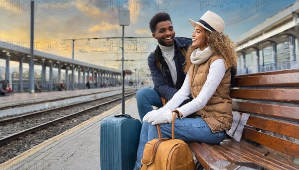 AI generated, A young couple wants to travel and is waiting for the train at the station, 20, 25,
