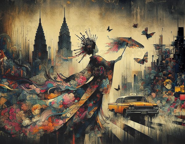 Enigmatic silhouette of a geisha with butterflies and a vintage american taxi in a twilight