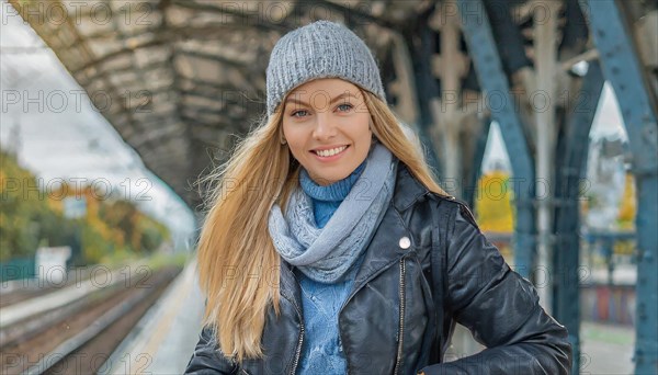 AI generated, A young blonde woman wants to travel and waits for the train at the station, 20, 25,