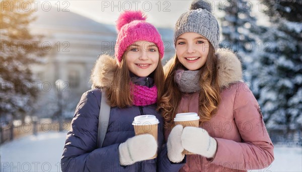 AI generates, human, humans, person, persons, child, children, girl, two, 15, years, outdoor, ice,