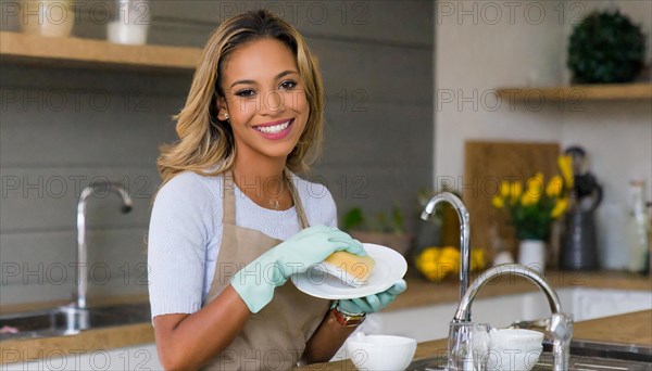 AI generated, woman, woman, 30, 35, blonde, blond, blonde, kitchen, sink, kitchen table, dishes,