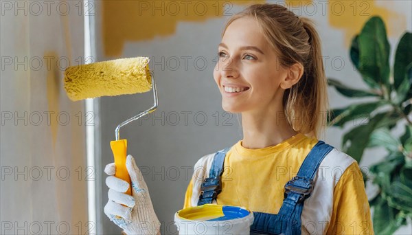 AI generated, woman, woman, a young girl paints a wall with new paint, yellow, yellow, renovation