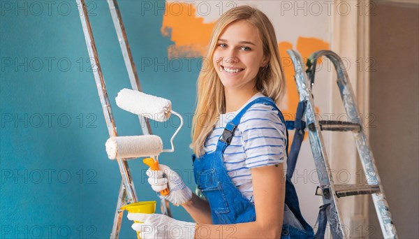 AI generated, woman, woman, a young girl paints a wall with new paint, blue, light blue, blue,