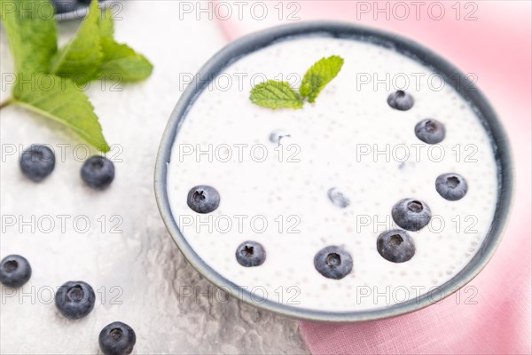 Yogurt with blueberry in ceramic bowl on gray concrete background and pink linen textile. Side
