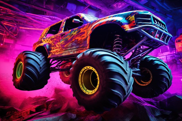 Monster truck with neon lighting, jumping off-road in cloud of dust. Excitement and thrill of an