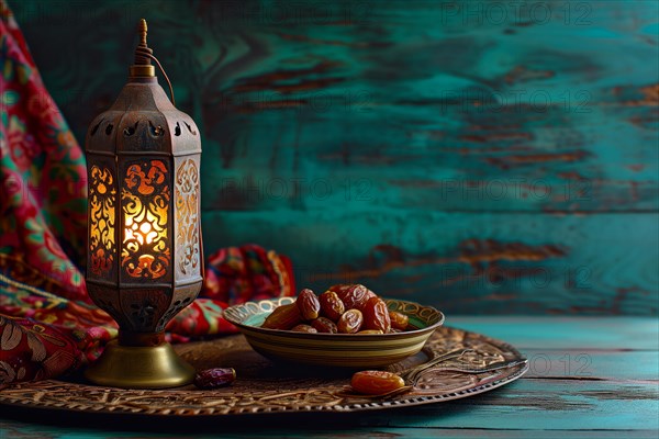 Ramadan lantern with a plate of succulent figs, set on an ornate table with intricate designs,