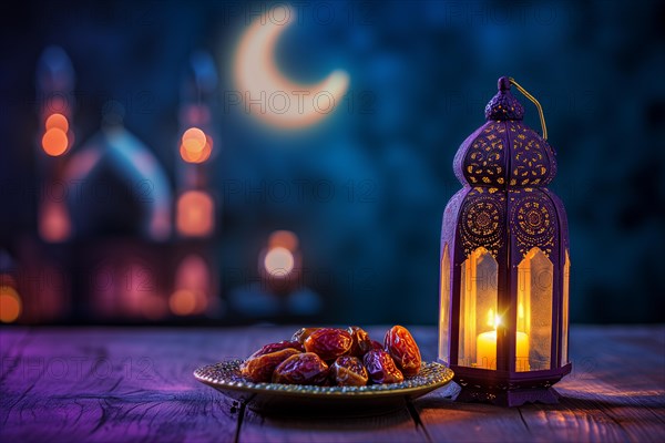 Ramadan lantern with a plate of succulent figs in violet purple tones with mosque and moon, set on