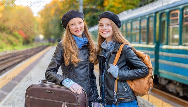 AI generated, Two young blonde woman want to travel and wait in the station for the train, 18,