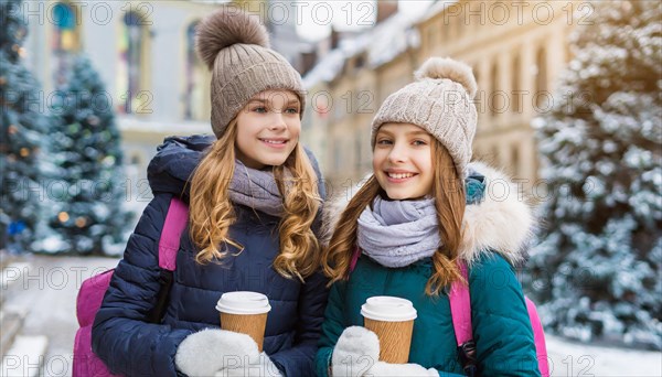 AI generates, human, humans, person, persons, child, children, girl, two, 15, years, outdoor, ice,