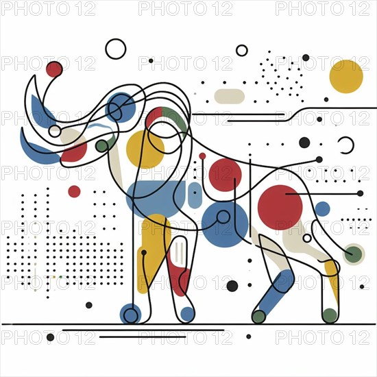 Modern abstract line art of a mammoth with geometric shapes and primary colors, continuous line