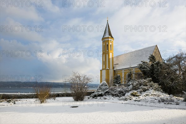 Snow-covered church in winter, St Alban's Church, Diessen, Lake Ammer, Fuenfseenland,