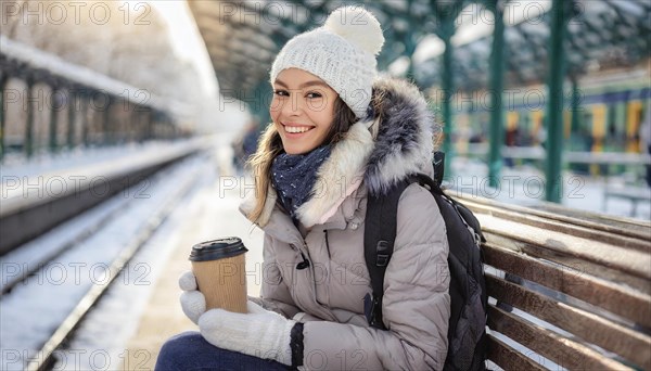 AI generated, A young blonde woman wants to travel and waits for the train at the station, 20, 25,