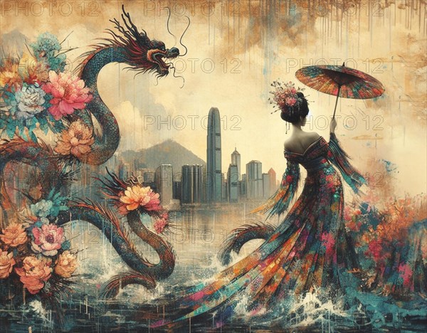 Surreal image of an Asian tall sexy traditional woman with an umbrella, a fantasy dragon, and