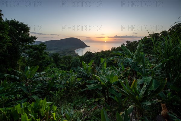 View from a mountain to a secluded bay with a sandy beach and mangrove forest. The sun rises over