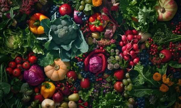 Tomatoes background. Top view of different varieties of tomatoes. Vegetables background. AI