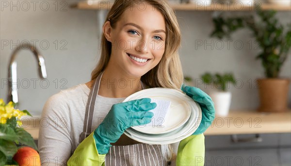 AI generated, woman, woman, 30, 35, blonde, blond, blonde, kitchen, sink, kitchen table, dishes,