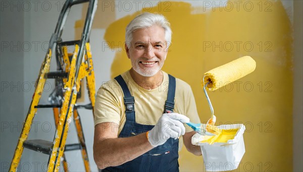 AI generated, man, men, a painter paints a wall with new yellow paint, father, renovation of old