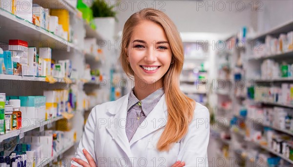 AI generated, A young pharmacist in her pharmacy, portrait, 30, 35, years, female, blonde, blond,