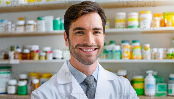 AI generated, A young pharmacist in his pharmacy, portrait, 30, 35, years, man, men, male, bearded,
