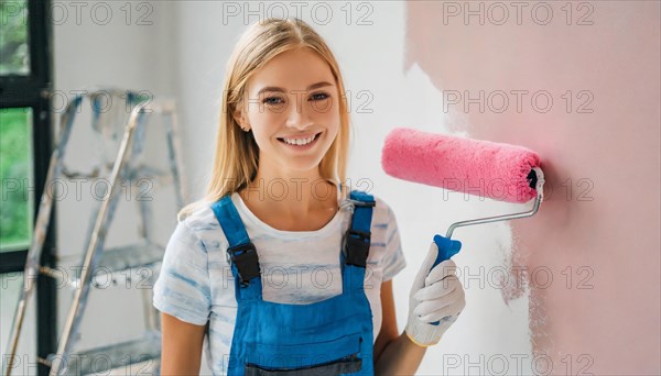 AI generated, woman, woman, a young girl paints a wall with new colour, pink, pink, renovation of