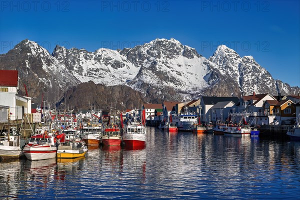 Bunte Boote und Gebaeude vor schneebedeckten Bergen in einem Hafen, Im Hafen von Henningsvaer auf