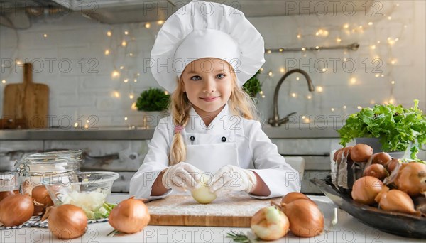 AI generated, human, humans, person, persons, child, children, 8 year old girl cutting onions in a