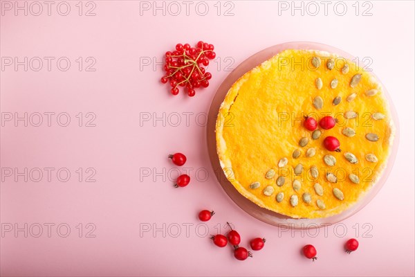 Traditional american sweet pumpkin pie decorated with hawthorn red berries and pumpkin seeds on a
