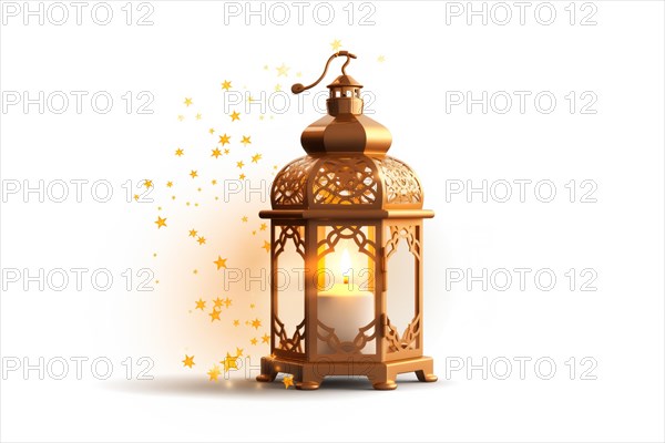 Golden Ramadan lantern on white background emits a warm glow, surrounded by sparkling stars,