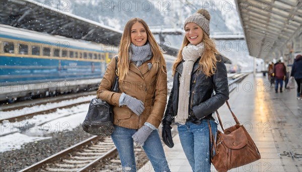 AI generated, Two young blonde woman want to travel and wait for the train at the station, 20, 25,