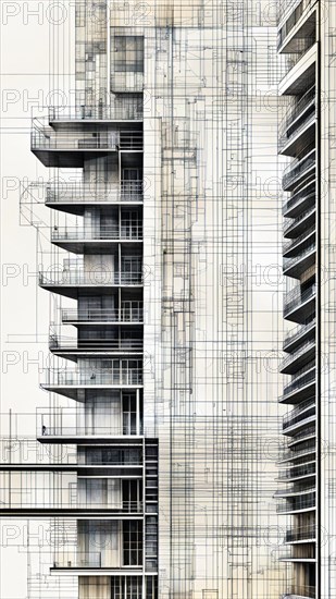 Monochrome architectural blueprint of a multistory residential building, vertical aspect ratio, off