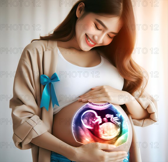 A pregnant young woman with the ultrasound image of her unborn baby in the womb, symbolic image