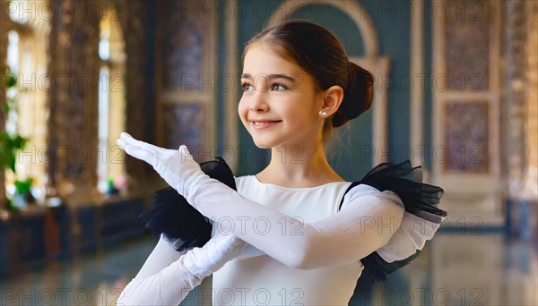 AI generated, girl, 10, 12, years, dark-haired, dark-haired, dances, dancing, ballet, study,