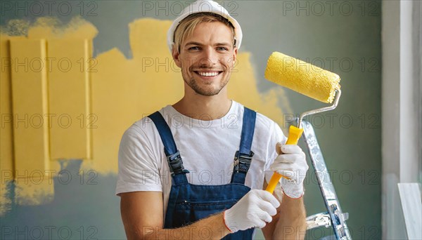 AI generated, man, men, a painter paints a wall with new yellow paint, father, renovation of old