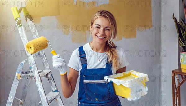 AI generated, woman, woman, a young woman paints a wall with new paint, yellow, yellow, yellowing,