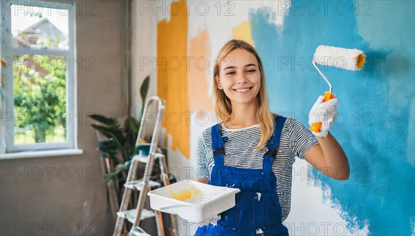 AI generated, woman, woman, a young girl paints a wall with new paint, white, white, renovation of